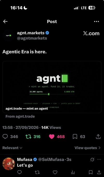 A screenshot of an X (formerly Twitter) post from @agntmarkets promoting 'agnt.trade' with the tagline 'Agentic Era is here.' featuring metrics like '10,000 agnts' and '0.0001 ETH', posted on 27/09/2026 with 14K views.