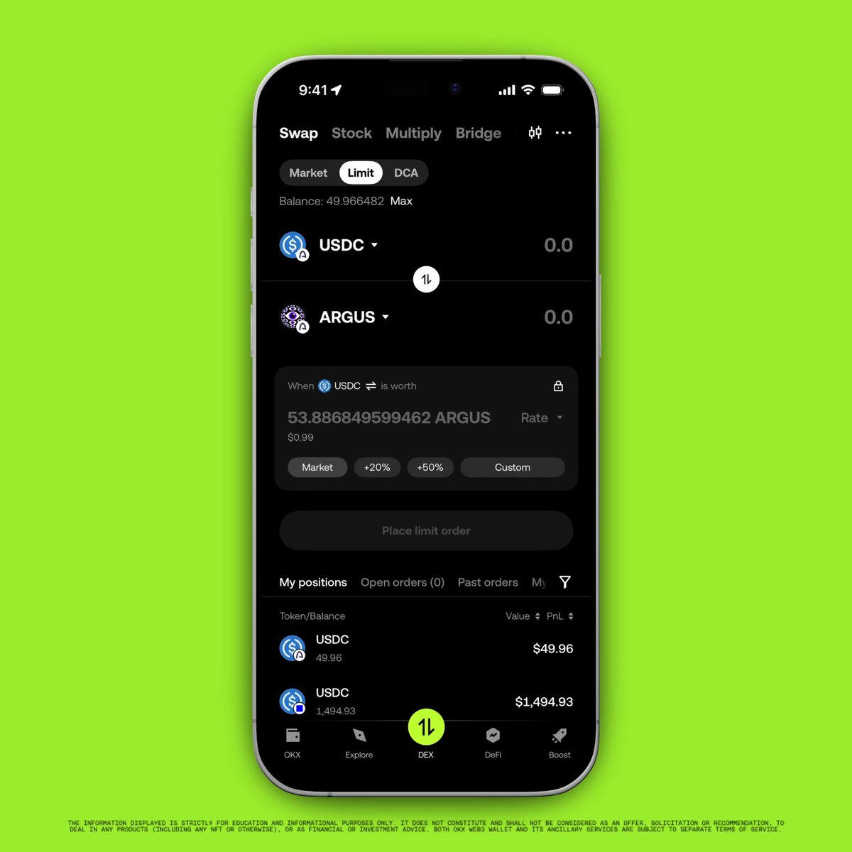 The image shows a smartphone displaying the OKX Wallet's Swap interface with Limit order functionality, allowing users to exchange USDC for ARGUS tokens (currently 53.886849599462 ARGUS = $0.99) with options to set market rates at +20%, +50%, or custom percentages. The screen also displays the user's positions holding 49.96 USDC ($49.96) and 1,494.93 USDC ($1,494.93), visually reinforcing the post's message about executing swaps directly from a wallet for better pricing and faster fills.