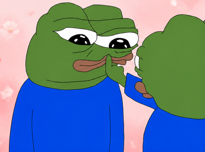 An illustration of the Pepe the Frog meme character wearing a blue shirt, depicted in two views with a shushing gesture against a pink cherry blossom background.