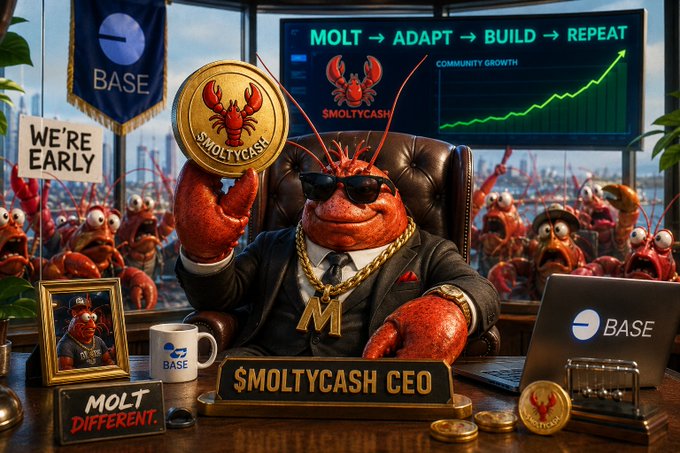Cartoon lobster character in sunglasses, gold "M" chain, and suit sitting at a "$MOLTYCASH CEO" desk with a laptop, "WE'RE EARLY" and "MOLT DIFFERENT" signs, and a screen showing "MOLT → ADAPT → BUILD → REPEAT" with community growth chart and BASE branding.