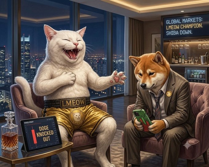 A digital illustration of an anthropomorphic white cat wearing gold shorts with 'LMEOW' on the waistband, sitting in an armchair next to an anthropomorphic Shiba Inu in a suit holding a phone, with a screen reading 'DOGE KNOCKED OUT' and another displaying 'GLOBAL MARKETS: LMEOW CHAMPION. SHIBA DOWN.'