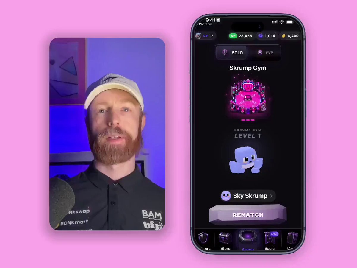The image features a man with a beard wearing a baseball cap, standing next to his phone which displays an app icon for Sky Skrump Gym. The man appears to be talking into the microphone attached to the phone screen or possibly taking part in a video call. The background of the image is pink and has a cartoon character on it.