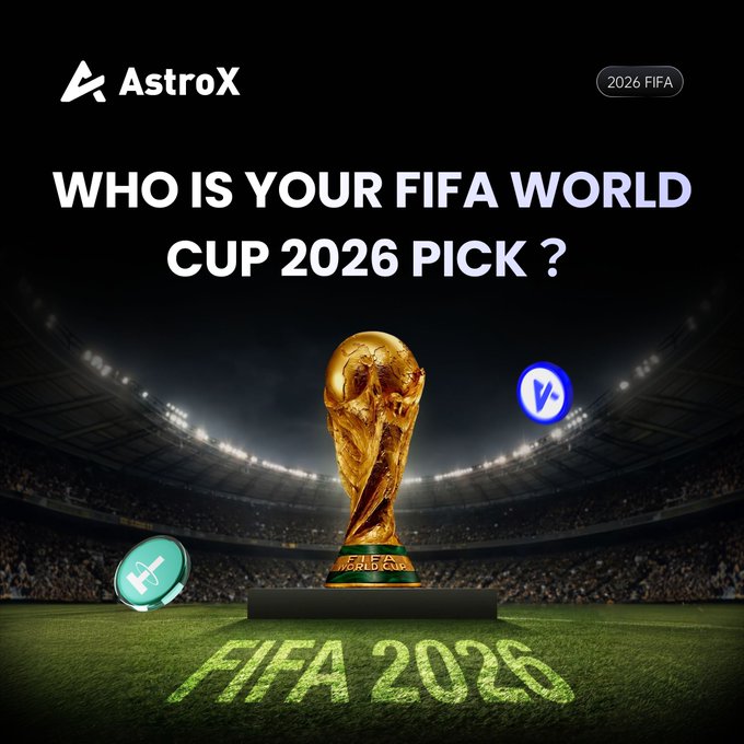 An AstroX promotional graphic asks 'WHO IS YOUR FIFA WORLD CUP 2026 PICK?' featuring the golden FIFA World Cup trophy on a stadium pitch with virtual coin icons.