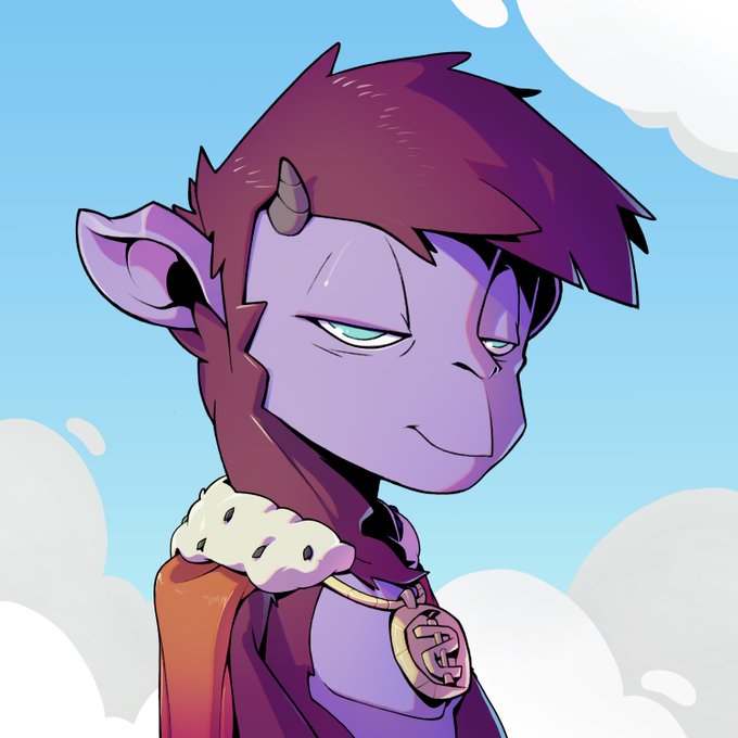 An anime-style illustration of a purple demon/goblin character with horns and pointed ears, wearing a medallion necklace, smiling against a blue sky with white clouds.