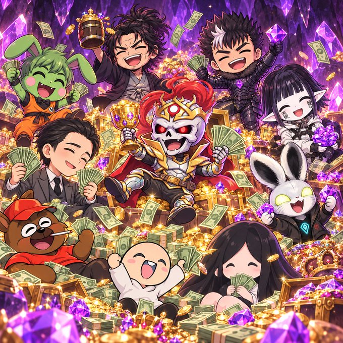 A vibrant illustration shows chibi-style anime and fantasy characters—including a vampire, undead king, bunny, and goblin—joyfully celebrating amid piles of cash, gold coins, and glowing purple crystals, visually symbolizing the massive crypto profits referenced in the testimonial for @CrypSaf.