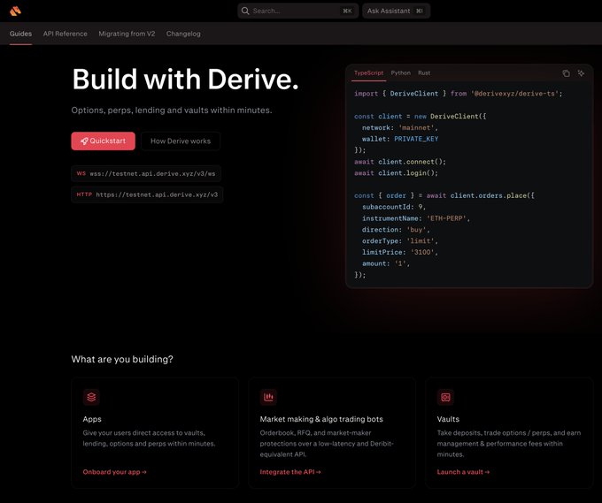 The image displays the Derive V3 developer documentation landing page, titled "Build with Derive," featuring a code sample for placing an ETH-PERP limit order using the @derivexyz/derive-ts TypeScript SDK on the testnet (wss://testnet.api.derive.xyz/v3/ws). Three integration pathways are highlighted below: Apps, Market making & algo trading bots, and Vaults—illustrating how the V3 API simplifies building options, perps, lending, and vault products as the accompanying post describes.