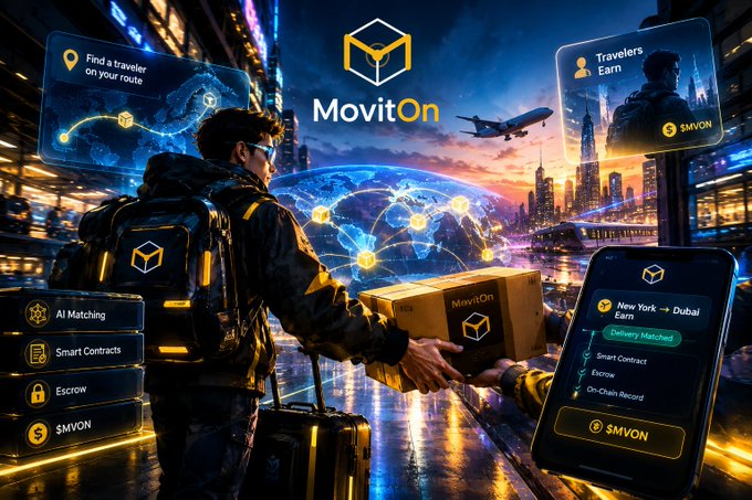 An illustrated advertisement for 'MovitOn' depicts a courier exchanging packages, surrounded by floating holographic screens advertising 'AI Matching', 'Smart Contracts', and 'Escrow' features.