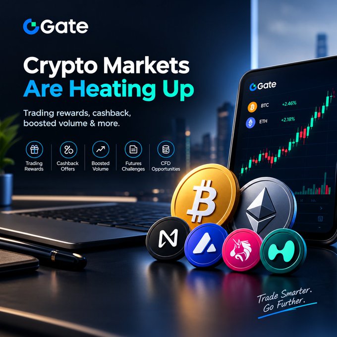 A promotional graphic for Gate.io cryptocurrency exchange featuring the text "Crypto Markets Are Heating Up" and "Trade Smarter. Go Further.", alongside various crypto coin logos like BTC and ETH.