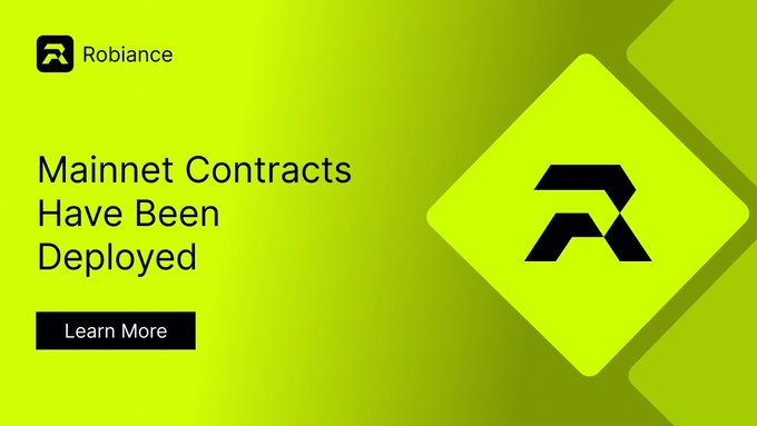 A bright green promotional graphic for Robiance featuring their black "R" logo, announcing that "Mainnet Contracts Have Been Deployed" with a "Learn More" call-to-action button. The bold design reinforces the milestone message shared in the accompanying post about Robiance Vault Contracts going live on Robinhood Chain.