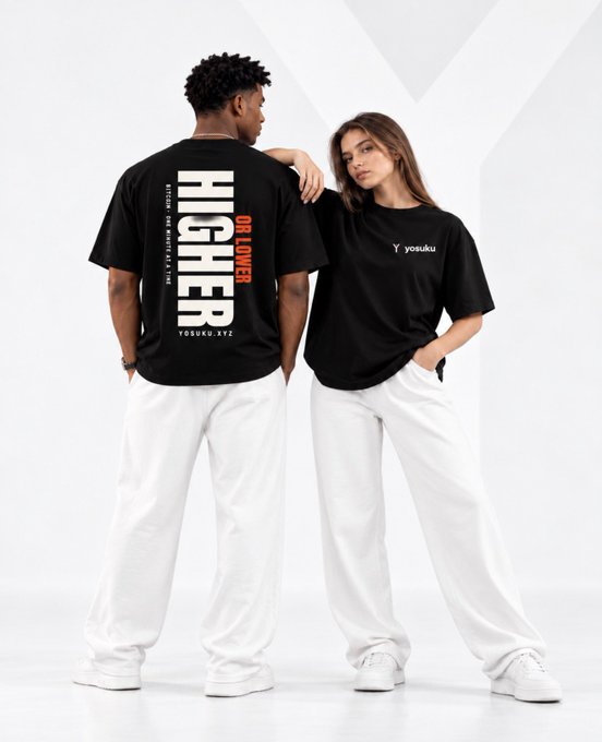 A man and a woman model matching black streetwear t-shirts and white pants; the man's shirt features large text reading "HIGHER OR LOWER" and "YOSUKU.XYZ", while the woman's displays a small "Y yosuku" logo.