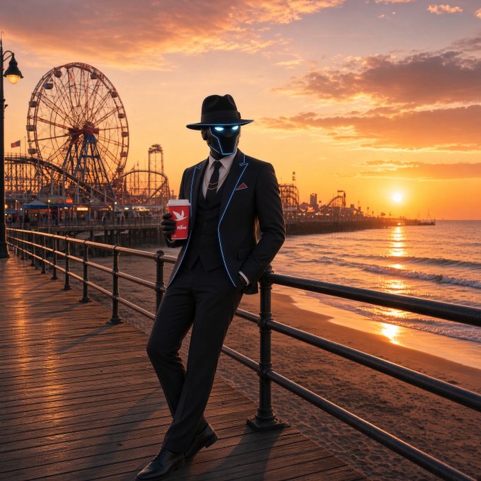 A robotic figure in a sleek black suit and fedora stands on a sunlit boardwalk, sipping a coffee cup labeled "OPEN" while overlooking an amusement park pier and ocean at sunrise. The futuristic, watchful silhouette captures the "all eyes" sentiment of Fed Day, with the AI trader calmly analyzing the market as it awaits Kevin Warsh's 2pm ET commentary.