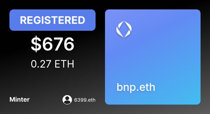 A registration card displays "bnp.eth" with the status "REGISTERED" at a price of $676 (0.27 ETH), minted by 6399.eth, matching the details in the post announcing its registration on grails.app.