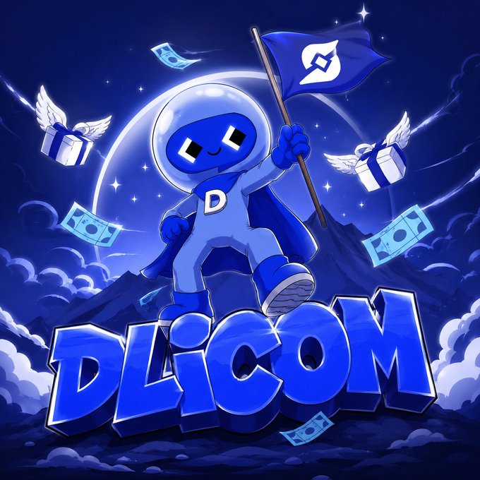 The image features a blue character standing on top of a mountain holding a flag, surrounded by other characters who are also holding flags. The sky above them appears to be cloudy with stars scattered throughout. The text "Dlicom" can be seen in the image as well. The scene seems to depict an event or gathering where people have gathered together and are celebrating their shared interest in Dlicom.
