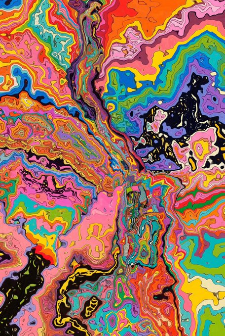 A vibrant abstract digital illustration featuring swirling, psychedelic patterns in bright colors like pink, orange, blue, green, and yellow with black accents.