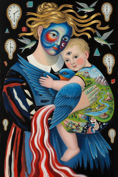 A surrealist painting of a mother with a blue-painted face and flowing golden hair holding a child, surrounded by melting clocks, birds, and flying fish in a style reminiscent of Salvador Dalí.