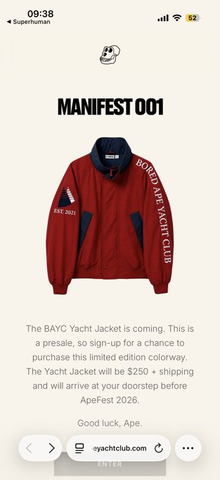 A promotional page for "MANIFEST 001" showing the BAYC Yacht Jacket, a red and navy limited edition jacket priced at $250 with presale shipping before April 2026, tying into the post about NFT merchandise finally launching for Bored Ape Yacht Club fans.