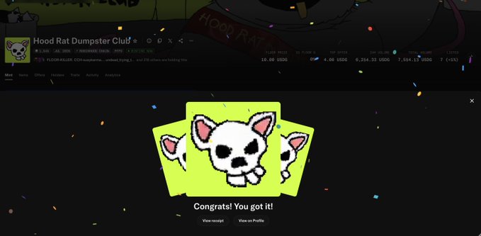 A screenshot from NFT marketplace Tensor showing a successful purchase notification 'Congrats! You got it!' for a Hood Rat Dumpster Club NFT, with the skull-cat NFT card displayed in green.