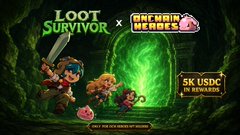 A pixel art adventurer battles a tentacled monster beside a glowing green portal, with text reading "LOOT SURVIVOR x ONCHAIN HEROES," "$5K USDC," and "NEXT GUILD MEMBER." The image appears to be a teaser for the Loot Survivor community dungeon challenge, with the pixel character hinting at a crossover with Onchain Heroes.