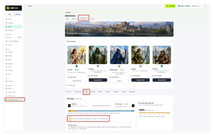 A screenshot of the ABIA Hub platform showing the 'Adventures' page with the 'Clash' tab selected and the 'The Clash' section highlighted, featuring Mantic Games, Battlebrothers, and Yogs JoomGames.