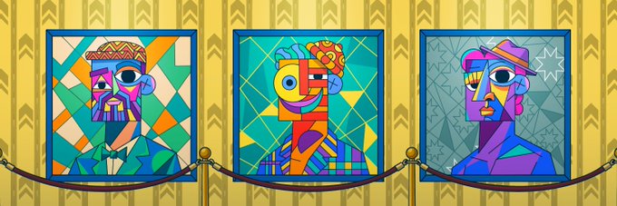 Three vibrant, geometric pop-art portraits are displayed on an ornate yellow wall behind a velvet rope, showcasing the colorful, abstract style of the upcoming NFT collection. The artwork aligns with the post's description of "10,000 geometric portraits, built layer by layer with absolute precision," previewing the creative aesthetic of the launch.