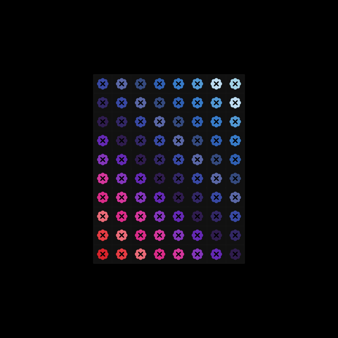A 10x10 grid of colorful "X" icons arranged in a gradient from blues and purples at the top to pinks and reds at the bottom, with the caption celebrating the first 2500 Robinhood Wallets. The image likely represents the collection or ownership of these wallet NFTs in a visually striking mosaic format.