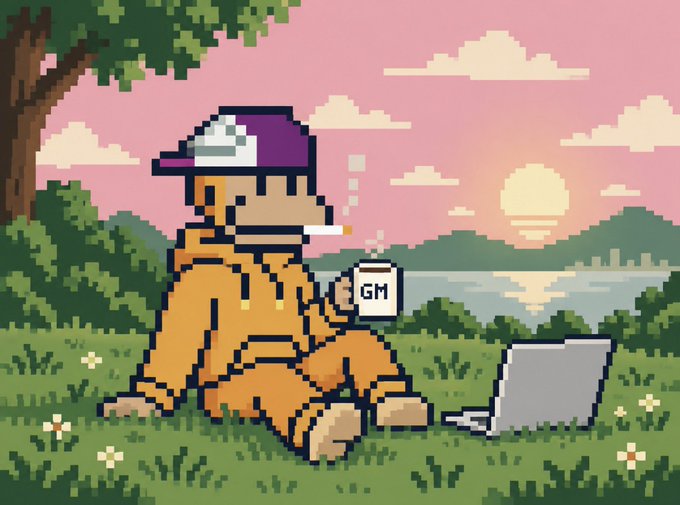 A pixel art scene of an orange gorilla wearing a cap, smoking, and holding a 'GM' mug while using a laptop at sunset.
