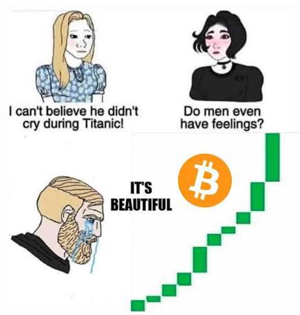 A meme featuring two women discussing Titanic and men's feelings, with a crying 'Chad' character labeled 'IT'S BEAUTIFUL' next to a Bitcoin logo and rising green chart.