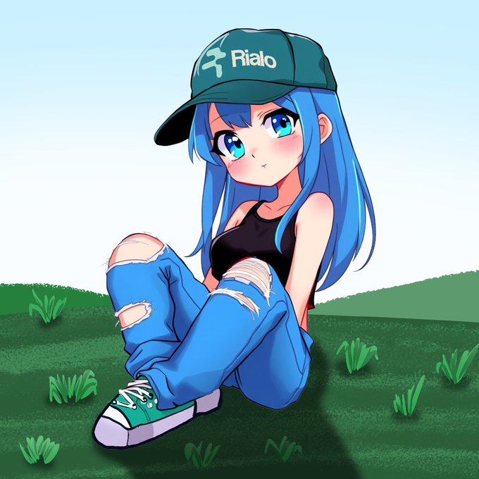 An anime-style illustration of a blue-haired girl wearing a green cap with the logo 'Rialo', a black tank top, ripped blue jeans, and green sneakers, sitting on grass.