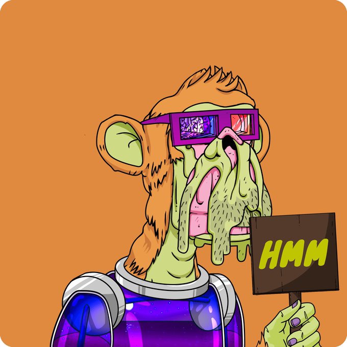 A cartoon illustration depicts a melting, green-faced character with orange hair, purple sunglasses, and a purple space-suit-like top, holding up a brown sign that reads 'HMM' against an orange background.