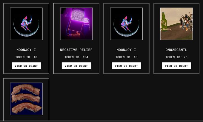 A digital marketplace interface displays NFT collectibles including 'MOONJOY I' (TOKEN ID: 18), 'NEGATIVE RELIEF' (TOKEN ID: 134), another 'MOONJOY I', 'OMW2RGBMTL' (TOKEN ID: 25), and a brown curved object, each with a 'VIEW ON OBJKT' button.