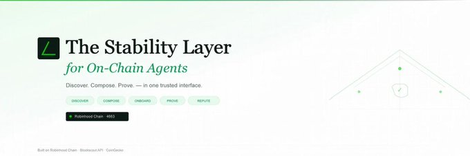 Web interface titled 'The Stability Layer for On-Chain Agents' with a mint-green theme, featuring options to Discover, Compose, Onboard, Prove, and Dispute, built on Robinhood Chain.