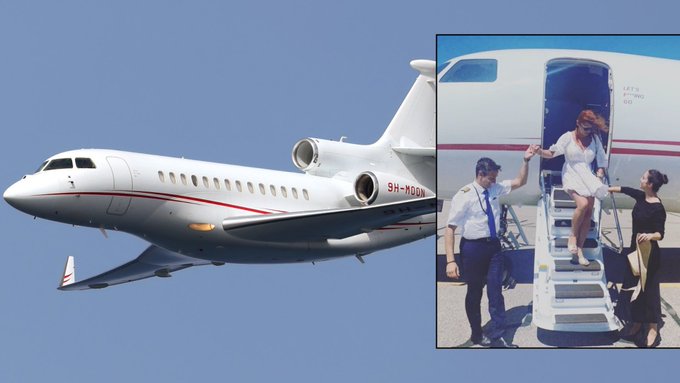 A composite image showing a white private jet with the registration '9H-NDB' in flight on the left, and on the right, a woman in a white dress being assisted down from a private plane by two people on the tarmac.