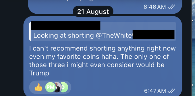 A Telegram chat screenshot dated **21 August** at **6:47 AM** shows a message about shorting **@TheWhite[redacted]**, recommending against shorting any coins except possibly **Trump**. The image underscores the value of **CoinStats** by showing how insiders discuss potential trading strategies in real time.