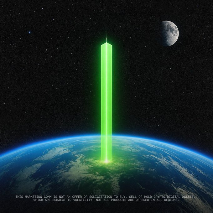 A glowing green pillar rises from Earth into space beneath the Moon, visualizing the post’s “nature is healing. bring on the green.” as a surge of green energy. Fine print notes that it is not an offer to buy, sell, or hold crypto/digital assets, which are volatile and may not be offered in all regions.