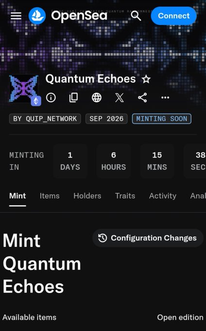 Screenshot of an OpenSea NFT collection page for 'Quantum Echoes' by QUIP_NETWORK, scheduled to mint in September 2026 with a countdown timer displayed.