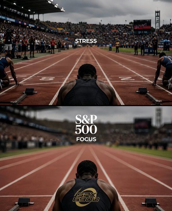 A split-panel image of a track and field sprinter in starting position, with the top panel labeled 'STRESS' and the bottom panel labeled 'S&P 500 FOCUS' featuring an 'SPX 500' logo on the athlete's shirt.