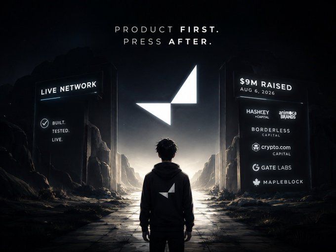 A promotional graphic with the text 'PRODUCT FIRST. PRESS AFTER.' featuring a figure looking up at a glowing logo, flanked by 'LIVE NETWORK' and '$9M RAISED AUG 6, 2026' panels listing investors including HashKey Capital, Animoca Brands, Borderless Capital, Crypto.com Capital, Gate Labs, and Mapleblock.