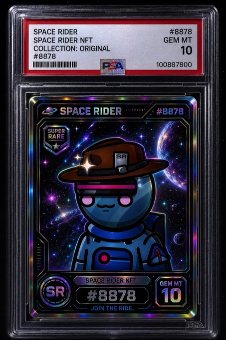 A PSA-graded trading card labeled 'SPACE RIDER #8878' marked as 'SUPER RARE' and 'GEM MT 10', featuring an astronaut with a cowboy hat.