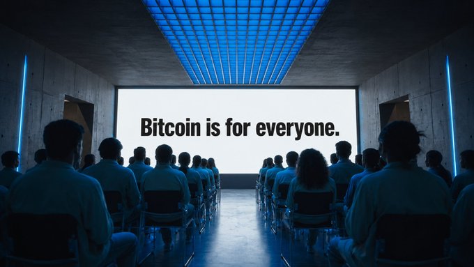 A dimly lit auditorium filled with seated attendees facing a large bright screen displaying the message 'Bitcoin is for everyone.'
