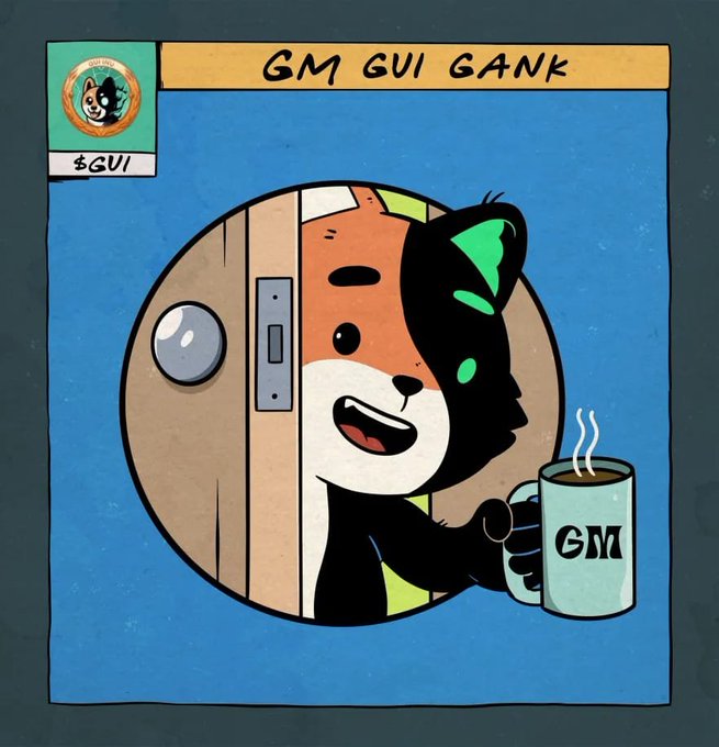 A cartoon illustration features a smiling black and brown cat peeking out from behind a round wooden door while holding a steaming mug labeled 'GM', with the text 'GM GUI GANK' at the top.