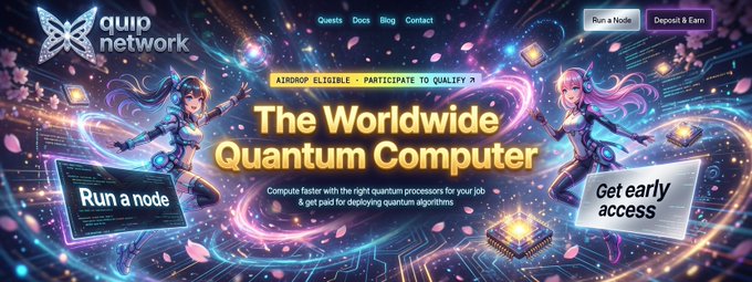 The image shows an advertisement for Qui Network's Quantum Computer, which is designed with a futuristic style featuring two women dressed in futuristic clothing interacting with each other. The background of the image is filled with blue and purple colors, creating a sense of depth and dimension. The text on the image reads "The Worldwide Quantum Computer" and "Atomic swaps and cross-layer interactions in @quipnetwork demonstrate efforts toward seamless asset movement with enhanced security".