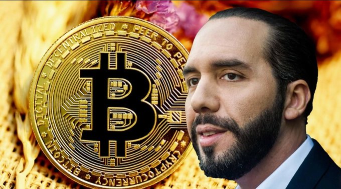 A composite image showing the president of El Salvador, Nayib Bukele, alongside a large Bitcoin coin graphic with flames in the background.