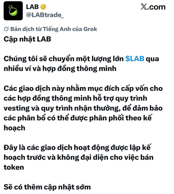 A Vietnamese-language Twitter/X post from @LABtrade_ announcing a $LAB token update, explaining that planned token movements to wallets and smart contracts are for funding vesting and rewards, not token sales.
