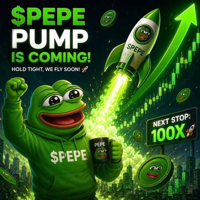 A meme coin advertisement for '$PEPE' declaring 'PUMP IS COMING! HOLD TIGHT, WE FLY SOON!' featuring a Pepe the Frog in a hoodie holding a mug, a rocket, green candlestick charts, and a sign reading 'NEXT STOP: 100X'.