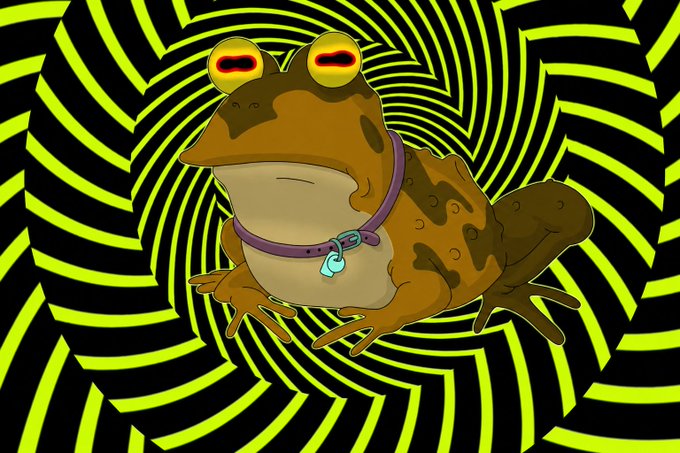A cartoon frog with hypnotic red eyes and a purple collar sits against a swirling black and neon yellow optical illusion background.