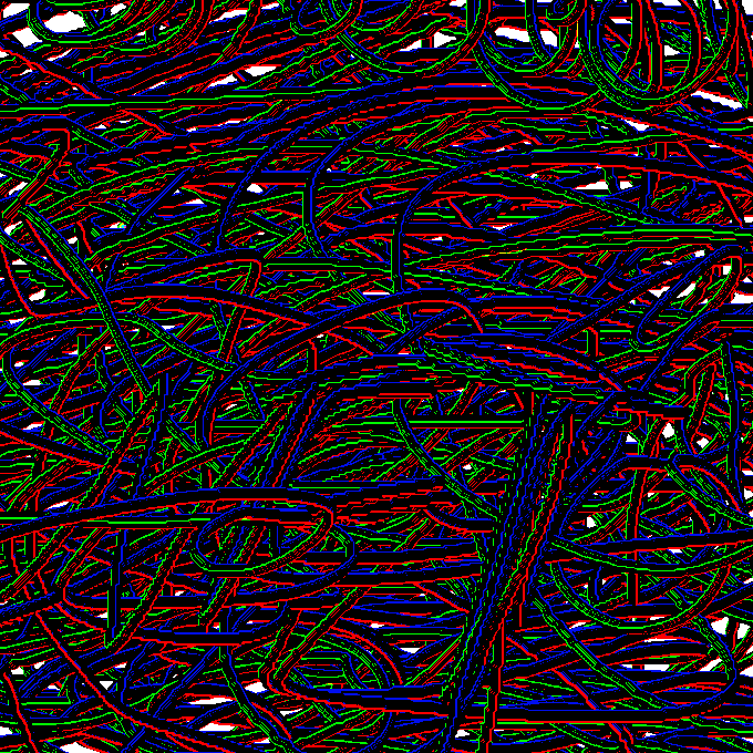 An abstract digital artwork featuring a chaotic tangle of red, green, and blue outlined curved and straight lines on a white background.