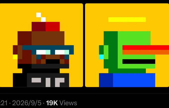 Two pixel art characters on yellow backgrounds: one resembling a ninja with blue glasses and the other a green turtle with a red mask.