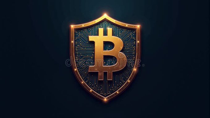 A 3D-rendered golden shield with intricate circuit board patterns and a prominent Bitcoin "₿" symbol glows against a dark background.