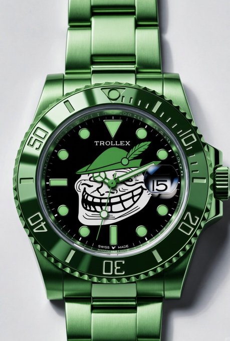 A green watch branded 'TROLLEX' features a cartoon troll face dial with a leaf hat, displayed on a metallic green band.