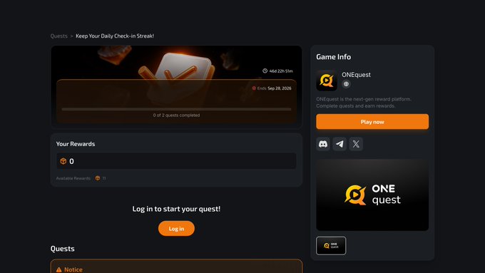 A screenshot of the ONEquest platform shows a "Daily Check-in Streak!" quest ending Sep 28, 2026, with 0 of 2 quests completed and "Log in to start your quest!" displayed prominently, illustrating the daily engagement mechanics mentioned in the post.